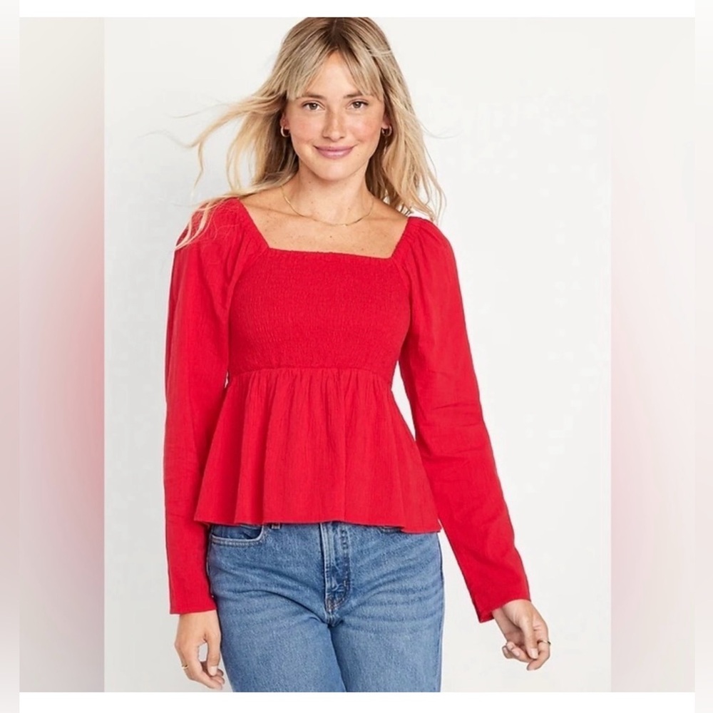 Old Navy Size L Red Long Sleeve Smocked Peplum Top